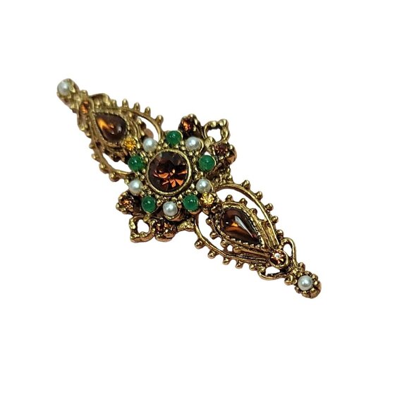 ART Arthur Pepper Gold-Tone Green & White Ballotini Beads Rhinestone Brooch, N81 - Picture 4 of 8